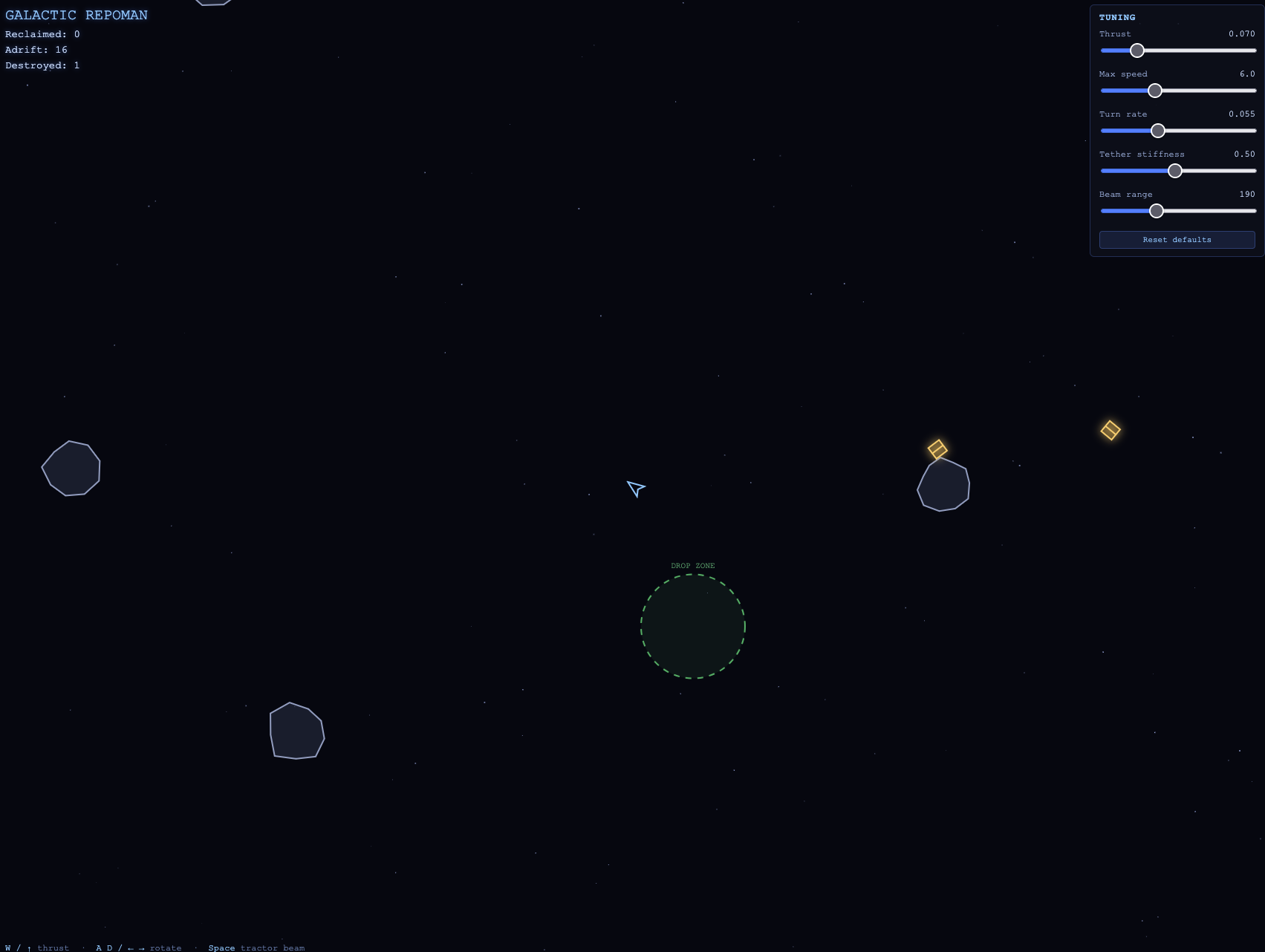 Ship flying through space, looking for space junk to return to my home base